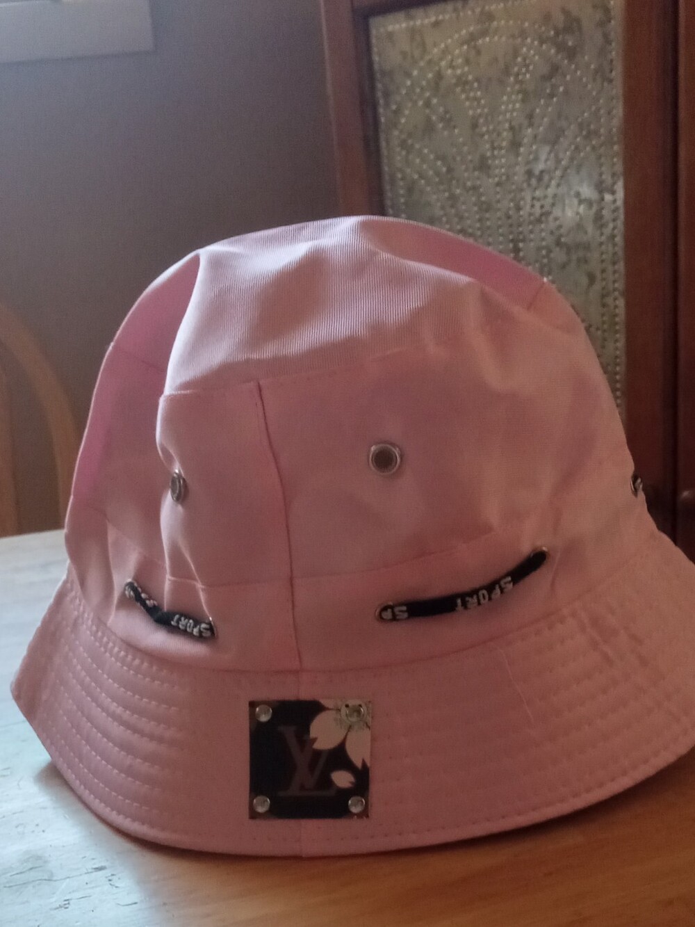Pink Bucket Hat with Decorative Upcycled LV Floral Logo Plate